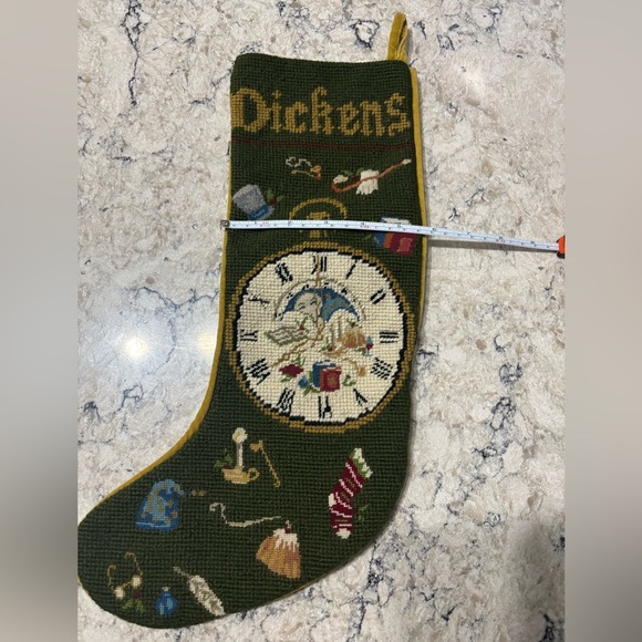 Vintage Dickens Needlepoint Green Christmas Stocking with Clock Design